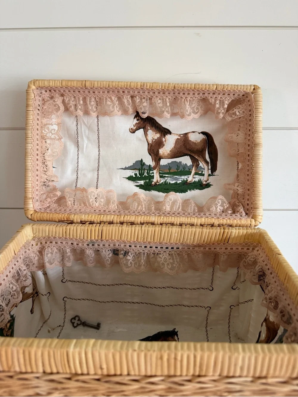Vintage Rattan Style Basket Horse Motif Interior